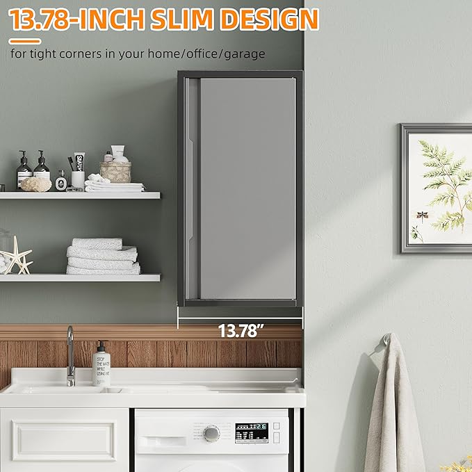 Metal Garage Wall Cabinet with 1 Door, 13.78'' Wide Wall Mounted Tool Cabinets for Garage, Basement, Warehouse, Kitchen, Bathroom, Home Office, Black, Assembly Required