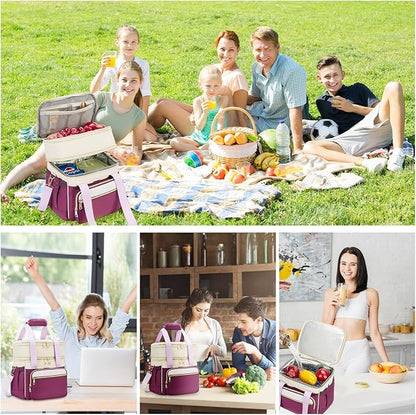 Insulated Lunch Bag & Lunch Box for Women - Double Deck Reusable Lunch Bag for men Tote Cooler Bag Leakproof Soft Expandable - Large Lunchbox for Work/Adult/Picnic/Outdoor (Light Purple，15L)