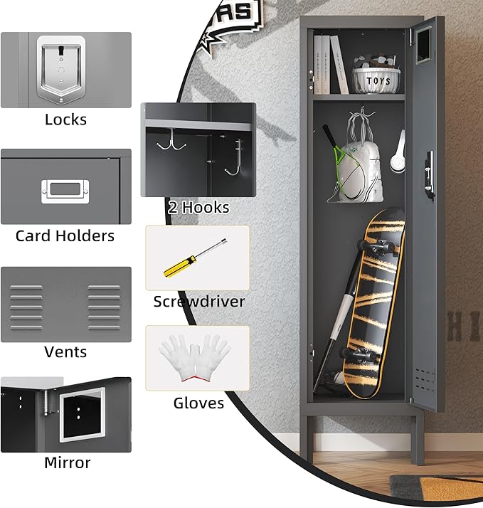 Metal Cabinet Home Office Storage,Lockers,Lockable Employees Metal Locker with Door,54" Height Steel Locker,Lockable Steel Locker for Gym,School,Home,Office,Garage,Assembly Required