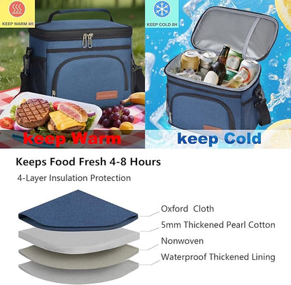 ExtraCharm Insulated Lunch Bag for Women/Men - Reusable Lunch Box for Office Picnic Hiking Beach - Leakproof Cooler Tote Bag Organizer with Adjustable Shoulder Strap for Adults - Blue
