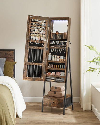 SONGMICS LED Cabinet Standing, Lockable Jewelry Armoire with Full-Length Mirror, Space-Saving Jewelry Organizer with Mirror, Bottom Drawer and Shelf, Gift Idea, Rustic Brown UJJC025X01