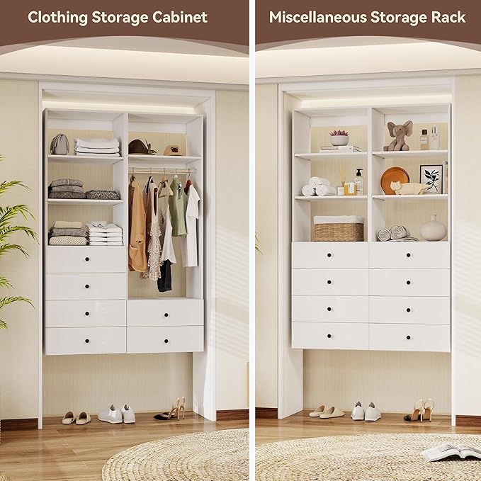 47" High Modular Closet Organizer System with 2 Hanging Rails,Closet Shelves& Wall Mount Shelving, Walk in Closet Bedroom Organization, Built in Clothes Storage, Closet Organizers and Storage, White