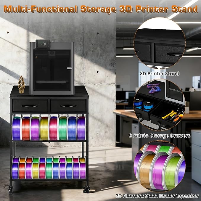 3D Printer Filament Storage Shelf with Drawers& Wheels, Black 2-Tier 3D Printer Filament Metal Stand with Storage, Adjustable Filaments Organzied Rack for Workshop Studio Office, 4 Leveling Feet