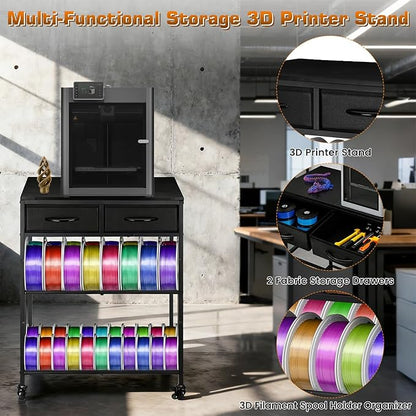 3D Printer Filament Storage Shelf with Drawers& Wheels, Black 2-Tier 3D Printer Filament Metal Stand with Storage, Adjustable Filaments Organzied Rack for Workshop Studio Office, 4 Leveling Feet
