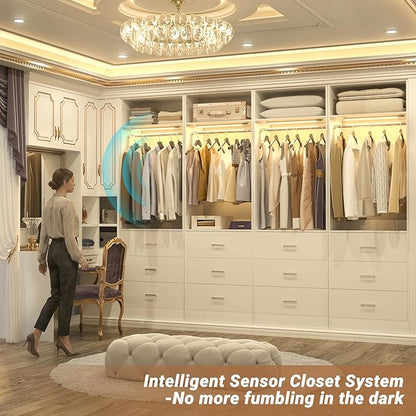 8FT Closet System with 4 Motion Sensor LED Lights, 96" Closet Systems with 12 Drawers, Closet Organizer System with 4 Hanging Rods & 4 Shelves, Heavy Duty 96 Inch Walk-in Closet, White