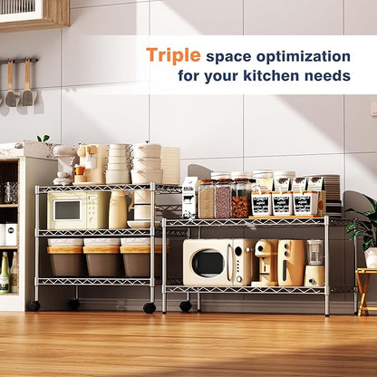 750lbs 3-Tier Wire Shelf Rack,24" Dx14 Wx22 H,Kitchen Metal 3-Shelves Rack with Lockable Wheels,Height Adjustable Wire Shelving Unit and Storage for Living Room,Laundry,Office,Pantry,Studio