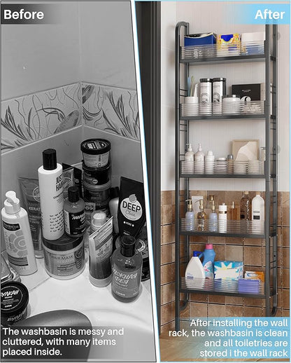 UMDONX Behind The Door Bathroom Shelf Narrow 5-Tier, Slim Space-Saving Storage Shelf, Freestanding Narrow Shelving Unit for Bathroom, Kitchen, Closet and Laundry Room Black