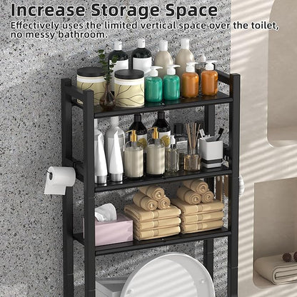 3 Tier Over The Toilet Storage Rack with Toilet Paper Holder, Metal Freestanding Bathroom Shelves with 4 Hooks, Over Toilet Storage Shelf for Bathroom Storage, Black