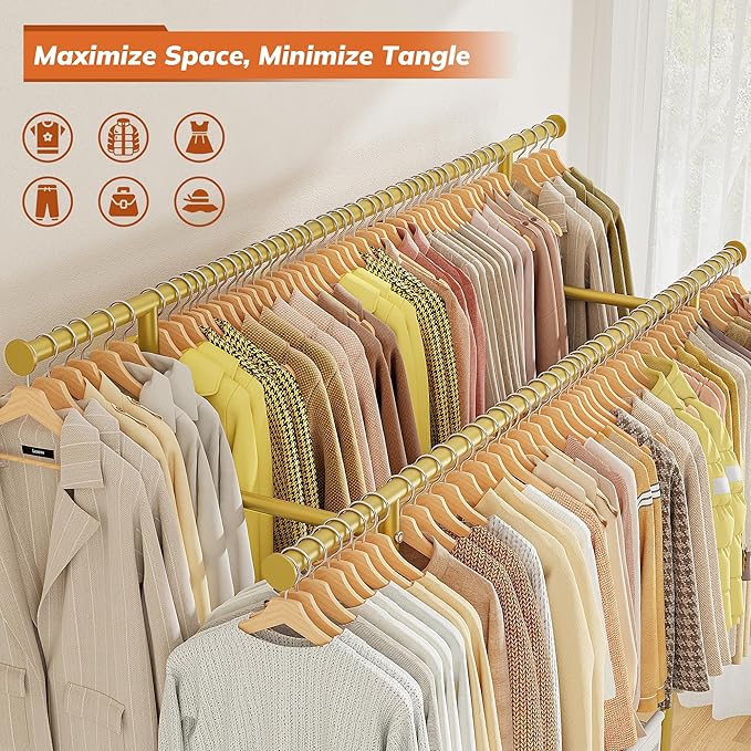 Clothes Rack, Double rods clothing rack, Clothing Racks for hanging clothes, Rolling clothes rack with Storage Basket & Heavy Duty Wheels, garment rack for Bedroom, Laundry Room, Gold