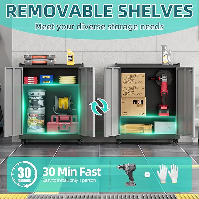Metal Storage Cabinet with Wheels,34" Rolling Tool Cabinets with Lock&Adjustable Shelves,Locking Utility Cabinet with 1 Door for Garage, Warehouse (Black Grey)