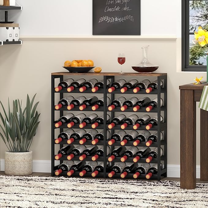 6 Tier Bamboo Wine Rack Freestanding Floor, 48 Bottles Wine Storage Shelves with Table Top, Stackable Wine Display Rack for Kitchen, Bar, Dining Room (Rustic Brown and Black, 48 Bottles)