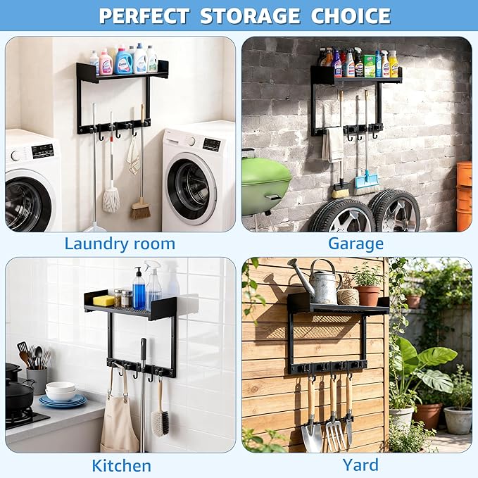 Broom Holder Wall Mount, 15" Large Mop and Broom Organizer Wall Hanging with Top Storage Shelf, Heavy Duty Iron Utility Rack for Laundry Room, Garage, Kitchen, Garden - Black