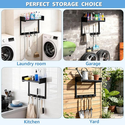 Broom Holder Wall Mount, 15" Large Mop and Broom Organizer Wall Hanging with Top Storage Shelf, Heavy Duty Iron Utility Rack for Laundry Room, Garage, Kitchen, Garden - Black