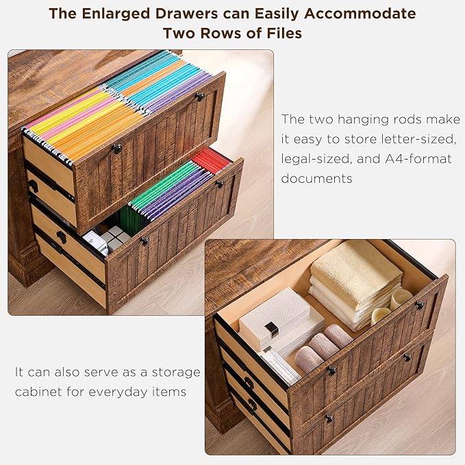 OKD Farmhouse File Cabinet with 2 Drawers, 35.3" Lateral Filing Cabinet with Hanging File Folders, Interlocking Drawers, Wood Rustic Storage Cabinet for Home Office, Living Room, Reclaimed Barnwood