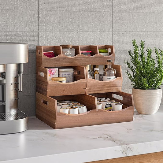 Seville Classics Acacia Wood Premium Organizer Storage Bins for Kitchen Silverware, Pantry, Closet, Office Desk, Pens, Utensils, Makeup, K Cup, Acacia, Stackable Bin Set (4 Piece)