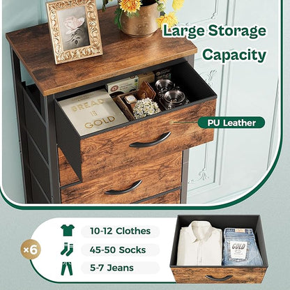 Huuger 43.3 Inch Tall Dresse for Bedroom, 6 Drawer Dresser & Chests of Drawers, Fabric Dresser for Closet, Bedroom, Night Stand, End Table with Metal Frame, Storage Tower, Rustic Brown