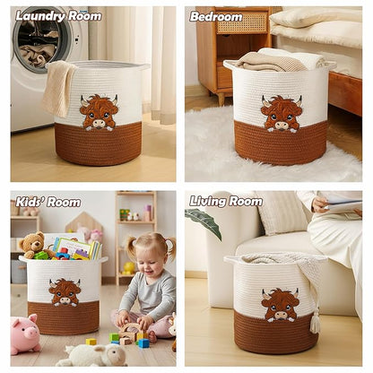 INough Large Blanket Baskets for Living Room, Highland Cow Storage Baskets for Toys Organizer Woven Cotton Rope Basket for Kids, Clothes Hamper with Embroidery Highland Cow Decor for Nursery Laundry