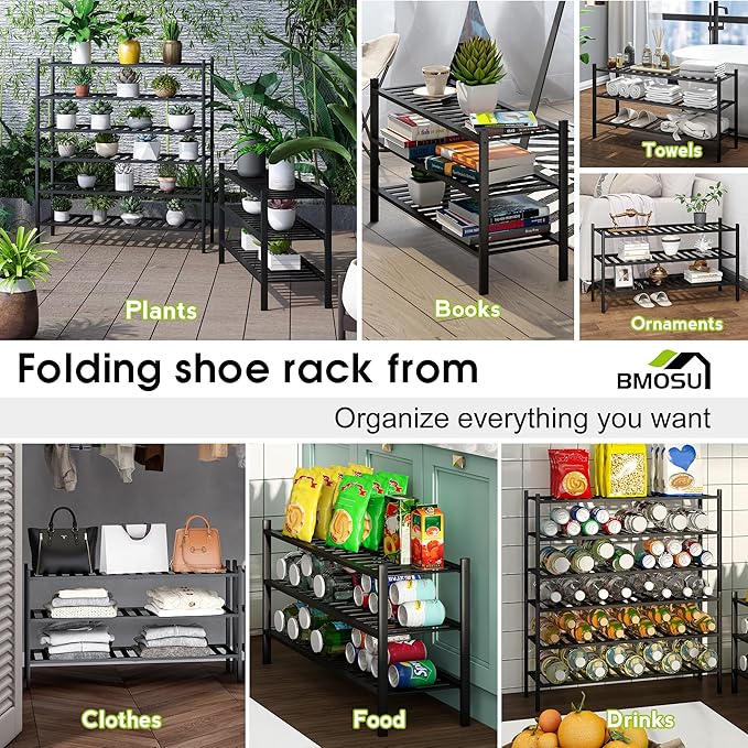 BMOSU 3-Tier Bamboo Extended Shoe Rack Premium Stackable Shoe Shelf Storage Organizer for Hallway Closet Living Room Entryway Organizer (Black Bamboo)
