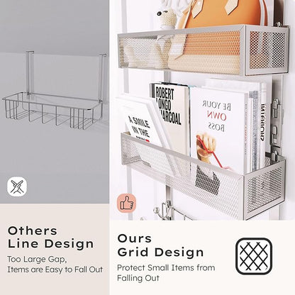 Consumest Over The Door Hooks Organizer - Extra Long Door Hanger with 9 Coat Hooks & 2 Mesh Basket, Back Storage Organizer Hanging Towels for Bathroom, Bedroom, Sand Nickel (for 1.76 in Doors)