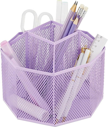 Annova Mesh Desk Organizer Rotate with 5 Compartments Spinning Tidy Candy/Pen Holder Office, Art Supply, Storage, Classroom, Home (Light Purple)