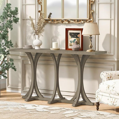 59.8" Wooden Console Table with Oak Veneer Top,Farmhouse Entryway Table with Rubber Wood Slender Curved Legs,Perfect for Living Room,Entryway,Hallway,Grey
