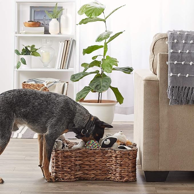 Bone Dry Pet Storage Collection, Bone Shape Hyacinth Toy Basket, Dark Brown, Medium - 21x13x8"