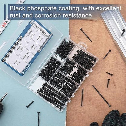 High Hardness Drywall Screws Assortment Kit, 166 pcs, Coarse Thread, Phillips Drive, Black Wood Screws, Screws Assortment, Screws Set, 6 Sizes (3”,2”,1-1/2”,1-1/4”,1”,3/4”)