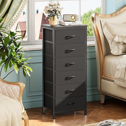 Huuger 43.3 Inch Tall Dresser for Bedroom, 6 Drawer Night Stand & Chests of Drawers, Fabric Dresser for Closet, Bedroom, Nightstand, End Table with Metal Frame, Storage Tower with Fabric Bins, Black