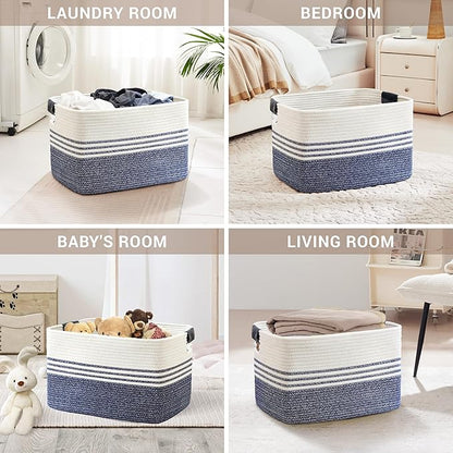 100L Extra Large Laundry Basket with Leather Handles for Living Room Storage,Woven Rope Baskets for Blanket,Kids Toy,Gifts,Wicker Hamper for Bedroom Dirty Clothes,24"x16"x16" Denim Blue
