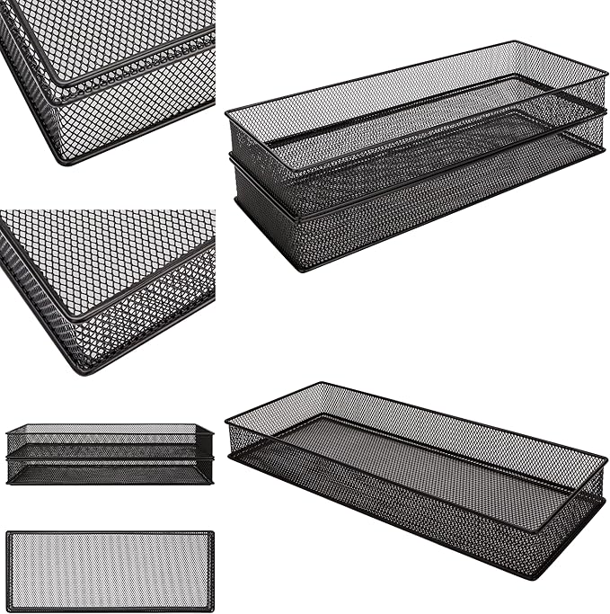 Annova Mesh Stackable Drawer Cabinet and Shelf Organizer Bins Storage Basket School Office Supply Holder Tray- Set of 2 (Black, 6x15x2 Inch)