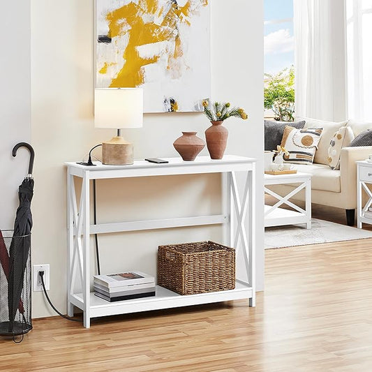 Yaheetech Console Table with Power Outlets, 40 Inches Entryway Table with Charging Station, Wood Sofa Table with Storage Shelves, Side Table, for Hallway, Bedroom, Living Room, Foyer, White
