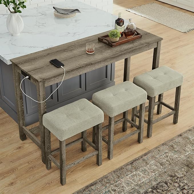 59" Power Outlet Mid Century Console Table, Slim Console Table with Solid Wood Frame, Long Narrow Console Tables for Living Room & Kitchen, Brown