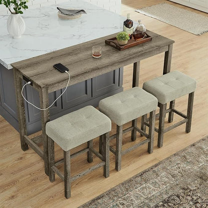 59" Power Outlet Mid Century Console Table, Slim Console Table with Solid Wood Frame, Long Narrow Console Tables for Living Room & Kitchen, Brown