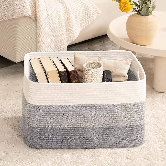 45L Small Laundry Basket with Leather Handles for Living Room Storage, Woven Rope Baskets Bin for Blanket, Kids Toy, Gifts, Wicker Hamper for Bedroom Dirty Clothes, 18"x14"x11" Gradient Grey