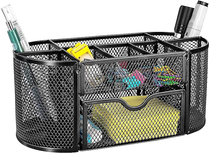 Amazon Basics Mesh Desk Organizer with Pen Holder, Pullout Drawer and Office Caddy Storage, 9.25" x 4.53" x 3.94", Black
