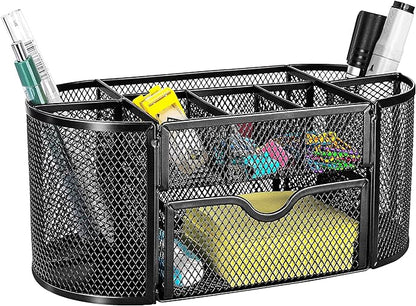 Amazon Basics Mesh Desk Organizer with Pen Holder, Pullout Drawer and Office Caddy Storage, 9.25" x 4.53" x 3.94", Black