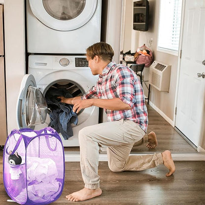 Collapsible Pop Up Laundry Hamper, Extra Large Mesh Foldable Laundry Basket Bag, 28" x 16" x 16", 2 Pack (Black + Purple)