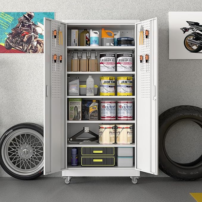 Garage Storage Cabinet with Wheels and Pegboard, Lockable Metal Storage Cabinet with 5 Adjustable Shelves and 2 Doors for Garage,Home, Assembly Required, White, 71" H x 34" W x 18" D