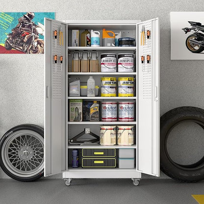 Garage Storage Cabinet with Wheels and Pegboard, Lockable Metal Storage Cabinet with 5 Adjustable Shelves and 2 Doors for Garage,Home, Assembly Required, White, 71" H x 34" W x 18" D