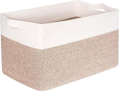 MINTWOOD Design 22in Extra Large Blanket Basket Holder Living Room, Rectangle Rope Woven Storage Basket with Handles for Laundry, Pool Towels, and Shoes, Dog Toy Organizer Bin Box, Light Brown