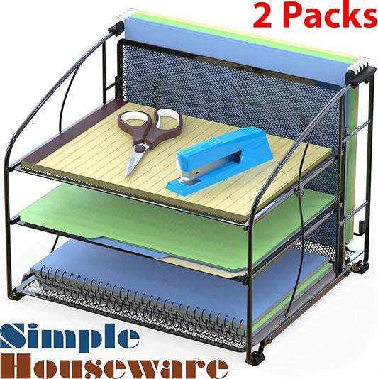 Simple Houseware 3-Tier Desk Organizer with Hanging File Holder, 2 Packs, Black