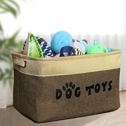 PET ARTIST Dog Toy Basket, Collapsible Dog Toy Bin Box with Comfortable Handles, Large Pet Toy Storage Organizer for Accessories, Toys, Coat & Clothing, Blanket & Leash, Brown, 15"x11"x9"