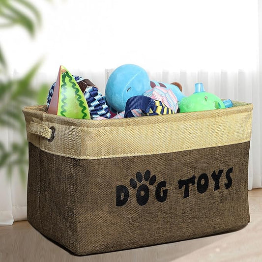 PET ARTIST Dog Toy Basket, Collapsible Dog Toy Bin Box with Comfortable Handles, Large Pet Toy Storage Organizer for Accessories, Toys, Coat & Clothing, Blanket & Leash, Brown, 15"x11"x9"