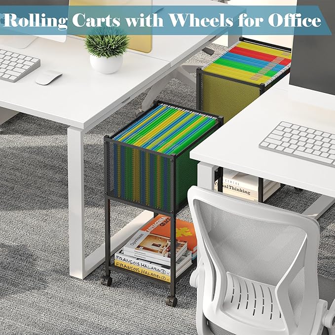 Letter/Legal Rolling File Cart, Narrow Mobile File Cabinet with Wheels Hanging Files, Metal Hanging File Folder Cart File Organizer Under Desk Storage for Home Office, Black