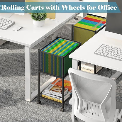 Letter/Legal Rolling File Cart, Narrow Mobile File Cabinet with Wheels Hanging Files, Metal Hanging File Folder Cart File Organizer Under Desk Storage for Home Office, Black