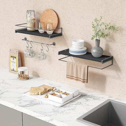 Forbena Black Floating Shelves for Bathroom Wall Set of 2, Kitchen Spice Rack Wall Mount, Modern Wood Hanging Wall Shelves for Bedroom Organizer, Restroom Pantry Closet Storage (Grey-Black)
