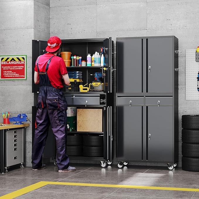 Garage Storage Cabinet with Wheels, 8 Hooks and Pegboards, 71" H 2 Drawer Rolling Metal Storage Cabinet with Locking Doors and 2 Adjustable Shelves for Garage, Warehouse, Black and Dark Gray