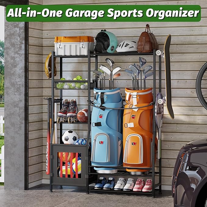 Garage Sports Equipment Organizer, Golf Bag Storage Rack, Organizer for 2 Golf Bag , Indoor/Outdoor Ball Storage Bins for Toy Sports Gear Storage, Ideal for Home, Garage, Club, Shed, Basement