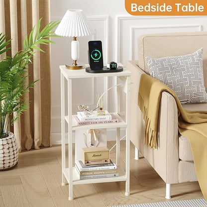 Tall End Table with Charging Station, 3 Tier Narrow Tall Nightstand with Storage, Slim Side Table for Bedroom, Living Room, Nursery, Office, Cream White