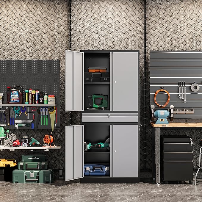 Metal Garage Storage Cabinet, 71" Lockable Storage Cabinet with 2 Adjustable Shelves and 1 Drawer for Garage, Utility Room, Warehouse (Black Grey)